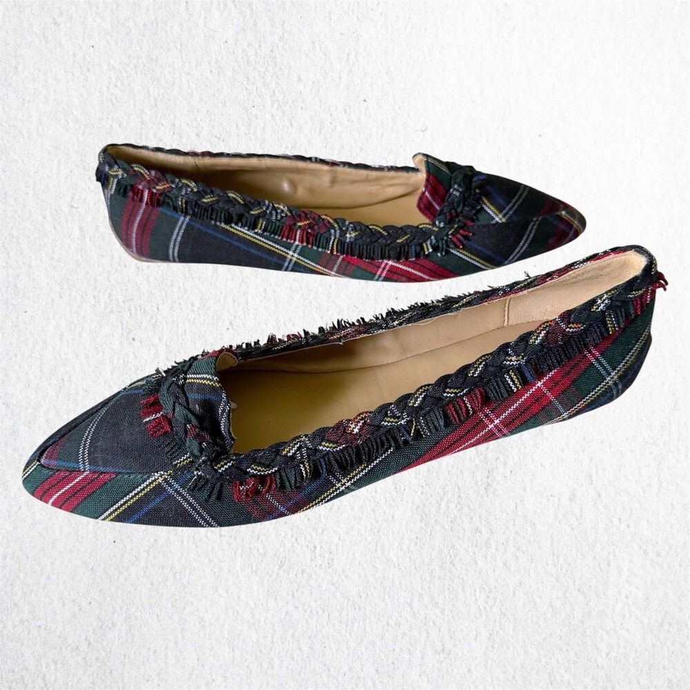 Talbots Francesca Women’s 9.5M Green Red Tartan Plaid Fringe Driving Flats Shoes